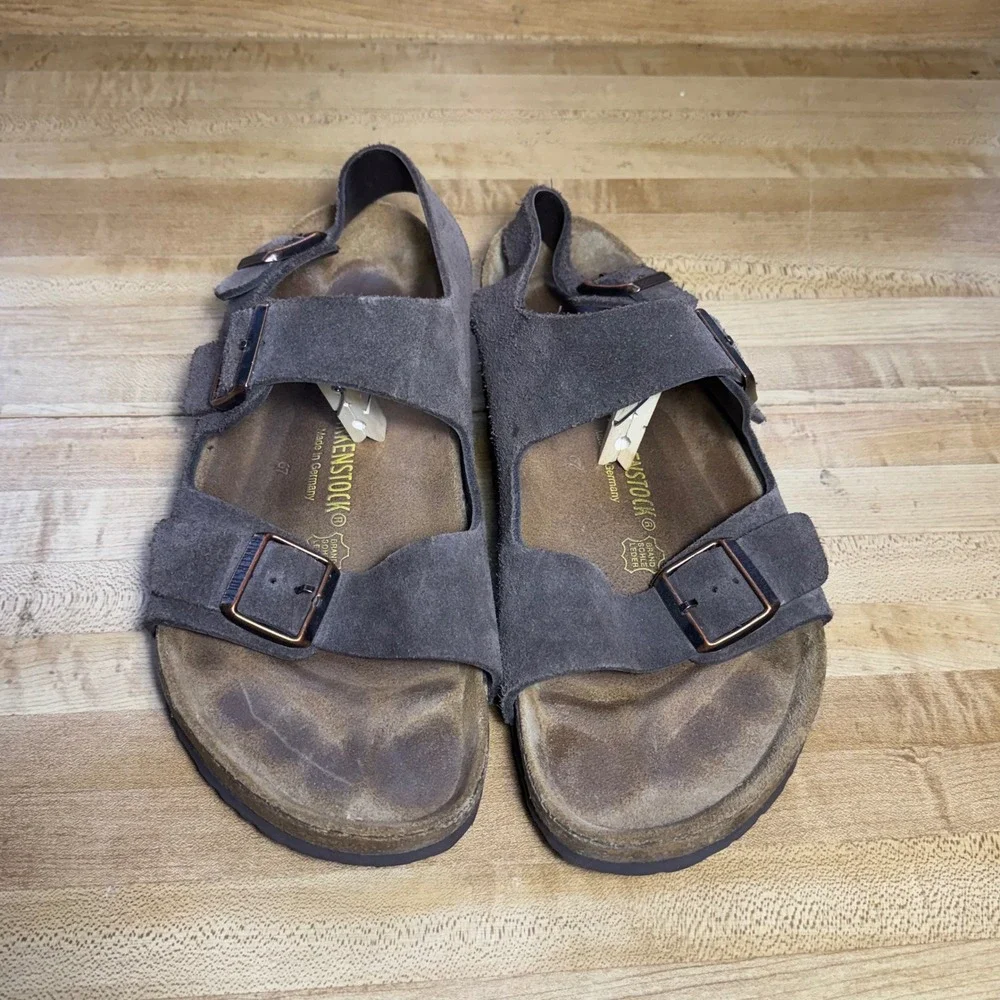 Birkenstock Milano Dark Brown Suede Sandals Mens 44 US 11 Three Strap Buckle